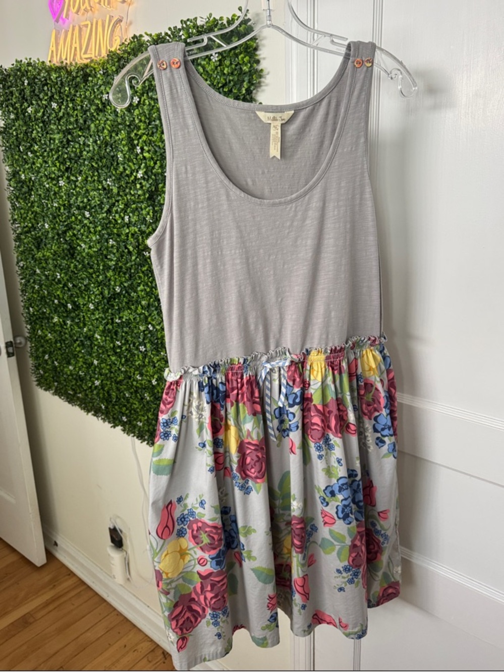 Matilda Jane Gray Tank Midi Dress with Pink, Yellow and Blue Floral Skirt